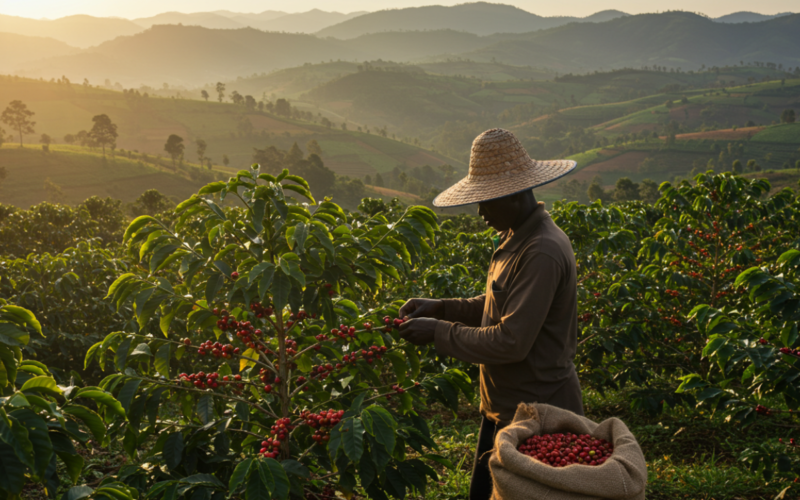 A farmer harvesting high-quality Ugandan coffee beans